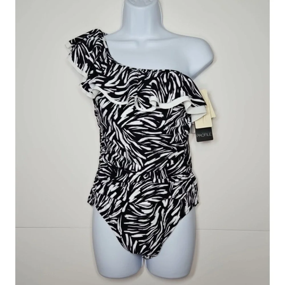 Profile by Gottex Womens Black White One Shoulder One Piece Swimsuit Size 12 NWT